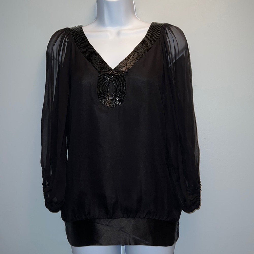 Nu by Mark Anthony 100% Silk Beaded Split Sleeve Blouse XS
